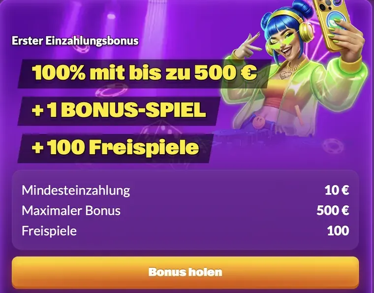 SlotRave Erster Einzahlungsbonus: 100 % bis zu 500 € + 1 Bonus-Spiel + 100 Freispiele