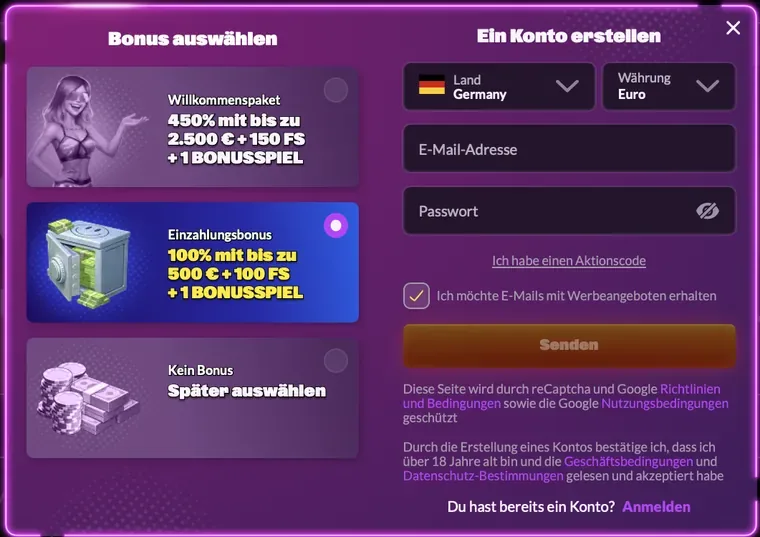 SlotRave Registrierung: Bonus auswählen und Konto erstellen